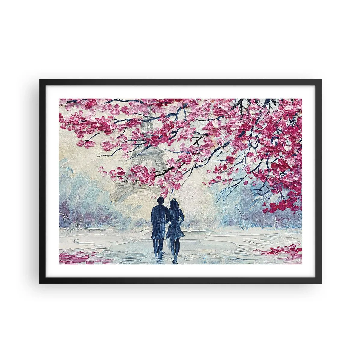 Póster en marco negro - Una pareja bajo árboles rosados en flor en un entorno romántico. - 70x50cm - Un paseo romántico - Decoración de pared moderna para salón y dormitorio ARTTOR