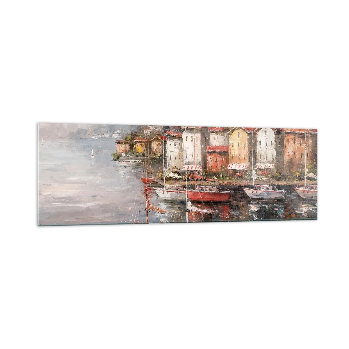 Cuadro sobre vidrio - Impresiones sobre Vidrio - Paisaje costero con barcos y casas de colores. - 160x50cm - Un refugio romántico - Decoración de pared moderna para salón y dormitorio ARTTOR