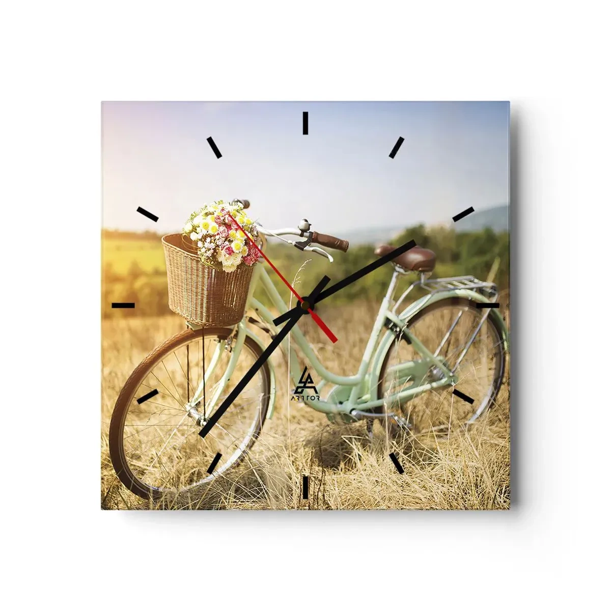 Reloj de pared - Reloj de vidrio - Una bicicleta retro con una cesta llena de flores sobre un fondo de pradera. - 30x30cm - Me quedaré aquí un tiempo - Decoración de pared moderna para salón y dormitorio ARTTOR