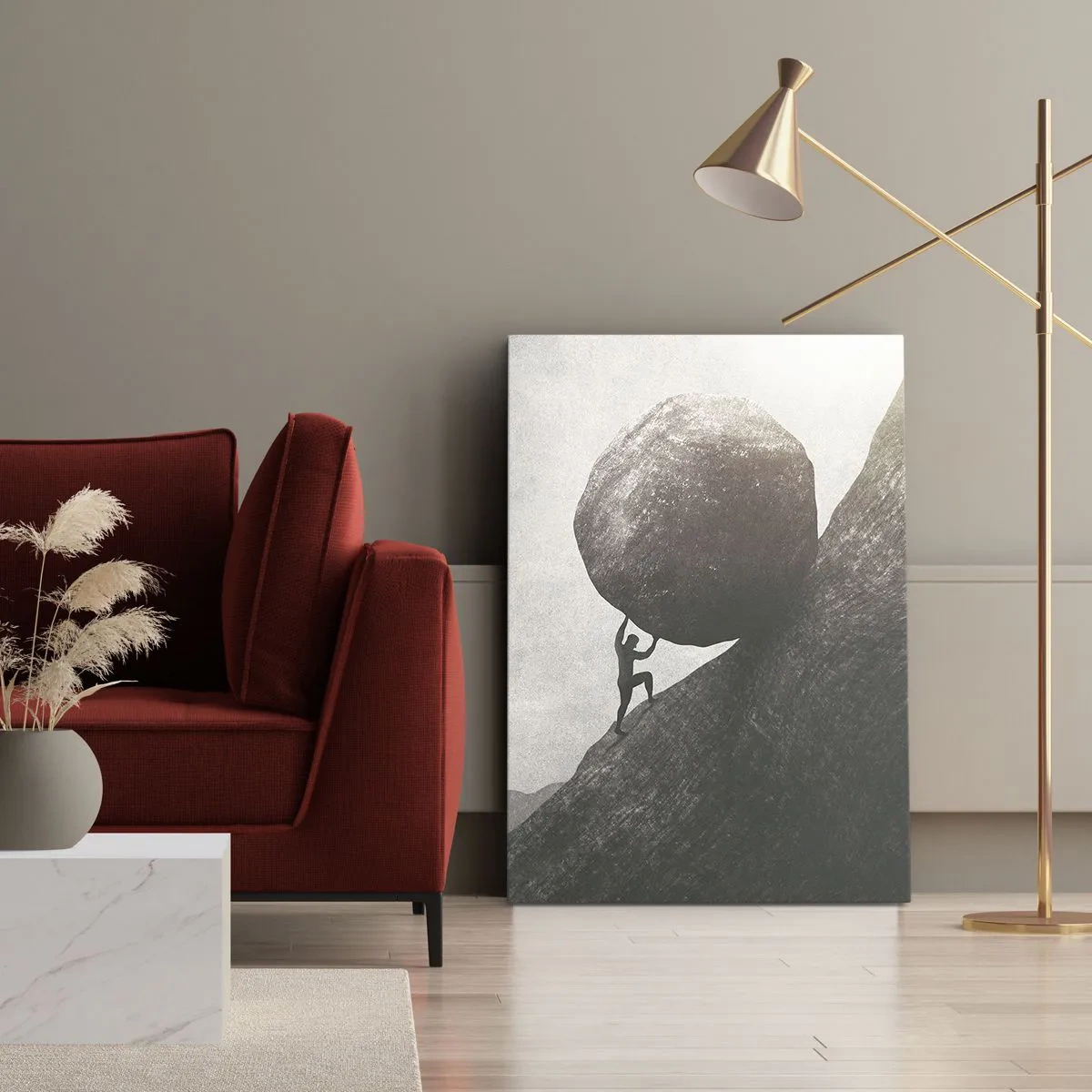 Cuadro sobre lienzo - Impresión de Imagen - Un hombre trepando una enorme roca por una colina. - 50x70cm - Creo, contra toda esperanza - Decoración de pared moderna para salón y dormitorio ARTTOR