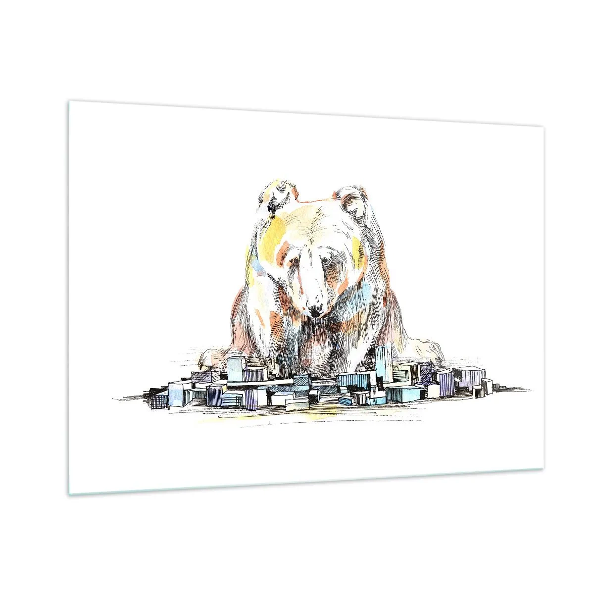 Cuadro sobre vidrio - Impresiones sobre Vidrio - Un oso mirando la ciudad en una composición artística. - 100x70cm - ¿Cómo podéis vivir así? - Decoración de pared moderna para salón y dormitorio ARTTOR