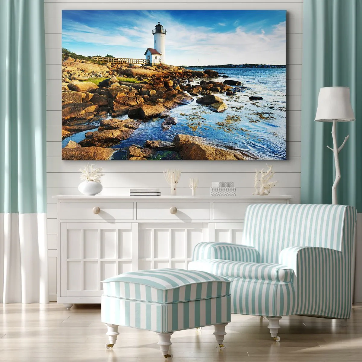 Cuadro sobre lienzo - Impresión de Imagen - Un faro en una costa rocosa en un día soleado. - 120x80cm - Esperando vuestro regreso - Decoración de pared moderna para salón y dormitorio ARTTOR