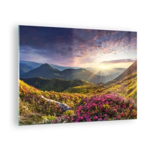 Cuadro sobre vidrio - Impresiones sobre Vidrio - Paisaje de montaña al amanecer con flores florecientes - 70x50cm - La frescura de una mañana de montaña - Decoración de pared moderna para salón y dormitorio ARTTOR