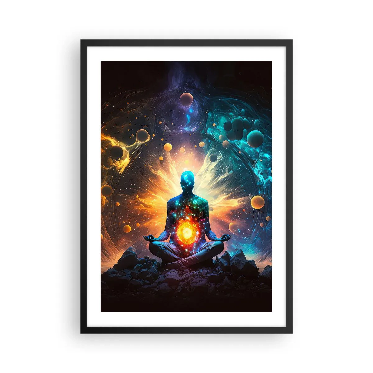 Póster en marco negro - Una figura meditando en un aura cósmica llena de energía. - 50x70cm - Tranquilidad cósmica - Decoración de pared moderna para salón y dormitorio ARTTOR