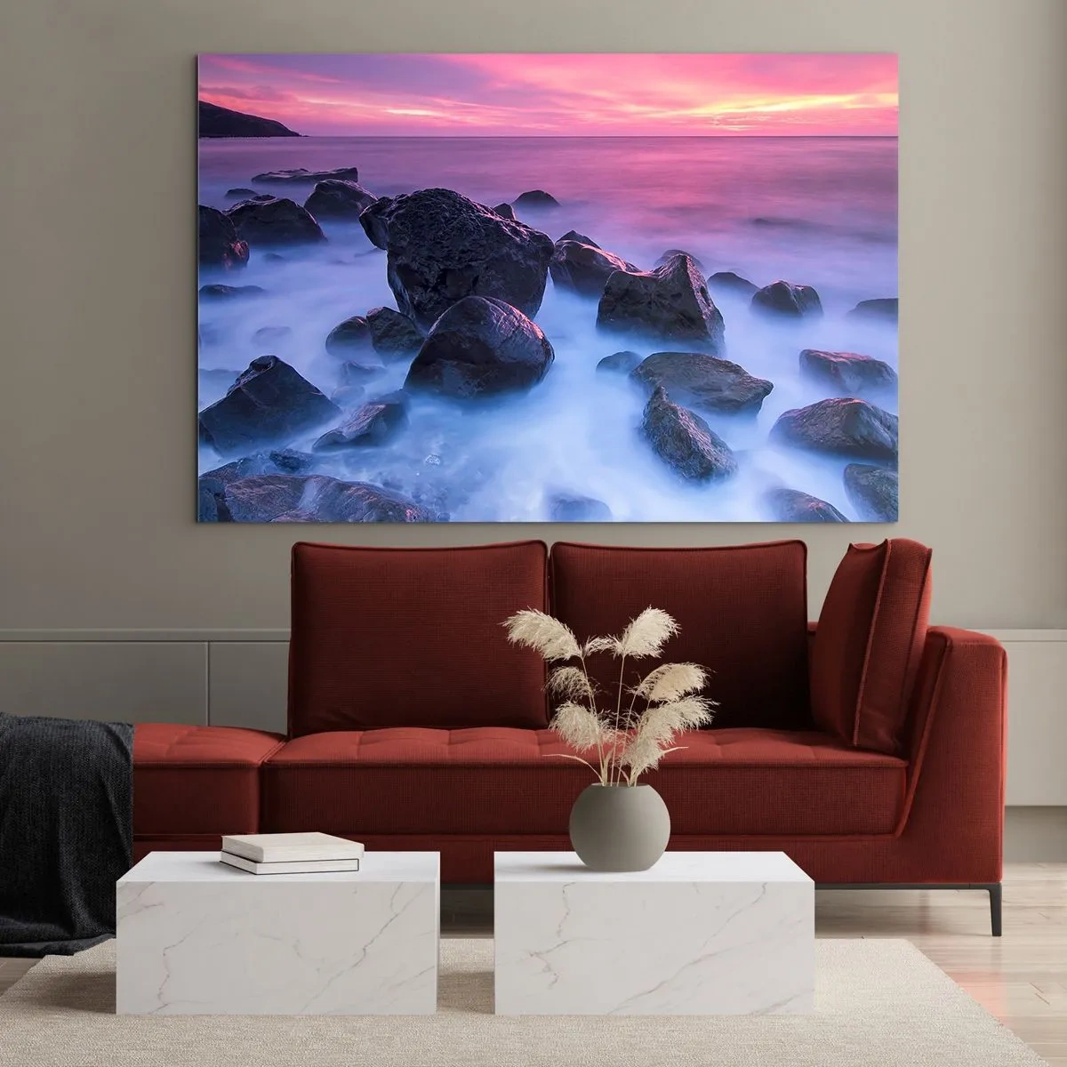 Cuadro sobre vidrio - Impresiones sobre Vidrio - Olas rompiendo en las rocas al atardecer - 70x50cm - Nacimiento en la luz y la niebla - Decoración de pared moderna para salón y dormitorio ARTTOR