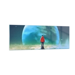 Cuadro sobre vidrio - Impresiones sobre Vidrio - Un hombre con una chaqueta roja de pie frente a un gran planeta con estrellas en el fondo. - 140x50cm - Descubridor de una nueva Tierra - Decoración de pared moderna para salón y dormitorio ARTTOR