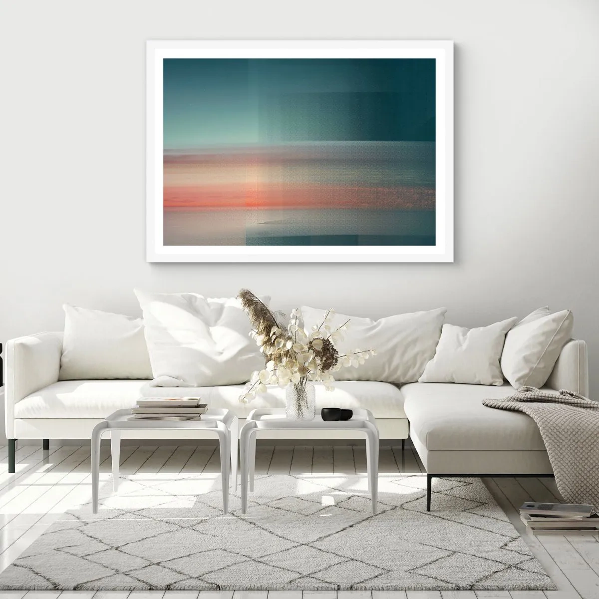 Póster en marco blanco - Abstracción: ondas de luz - 100x70 cm