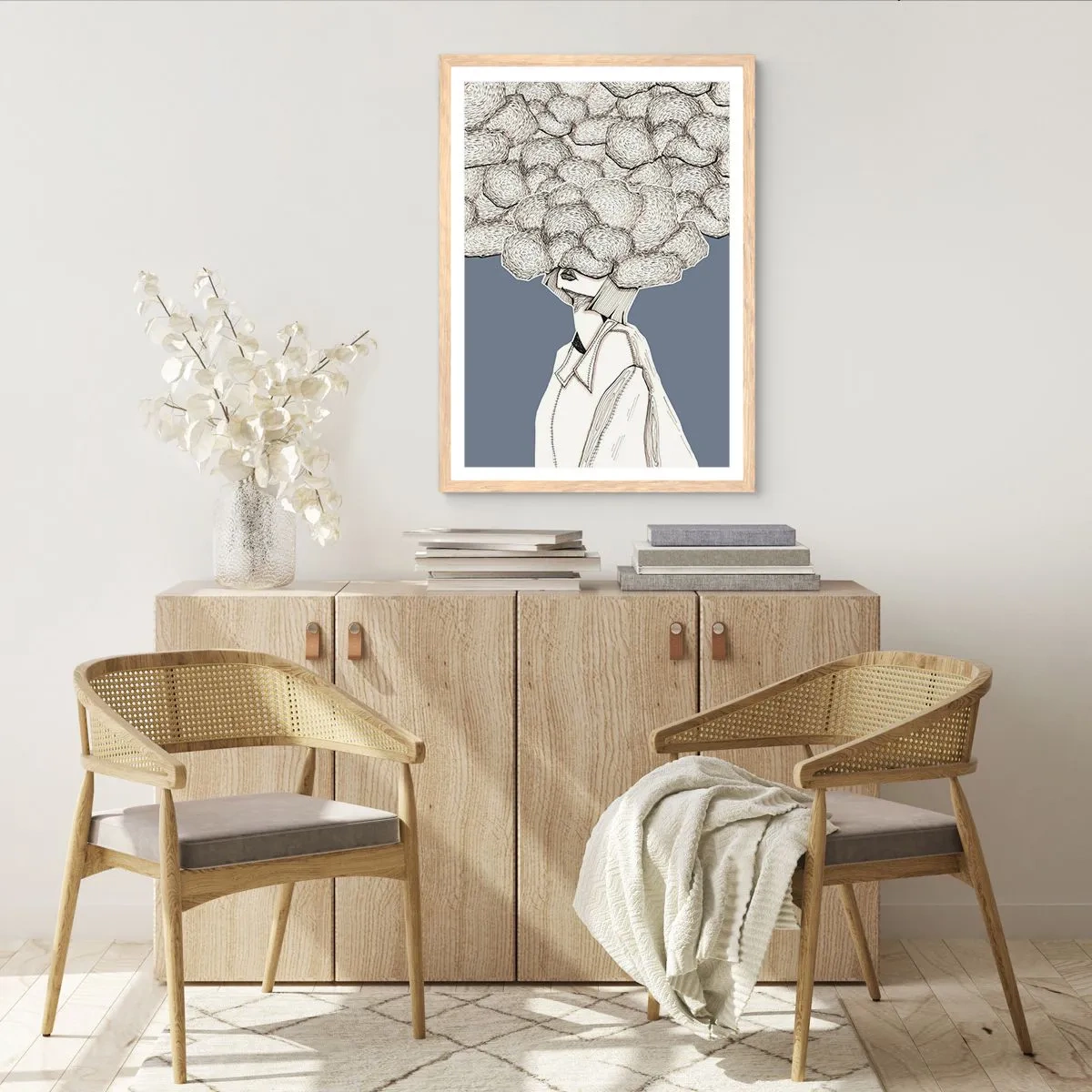 Póster en marco roble claro - Con la cabeza en las nubes - 70x100 cm