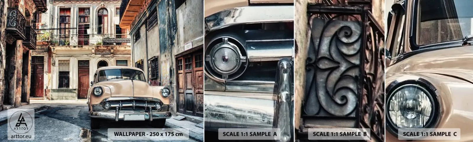 Muestra de fotomural autoadhesivo Deluxe Sticker - Siesta en La Habana - Auto Vintage, Arquitectura, Ciudad - 100x30 cm