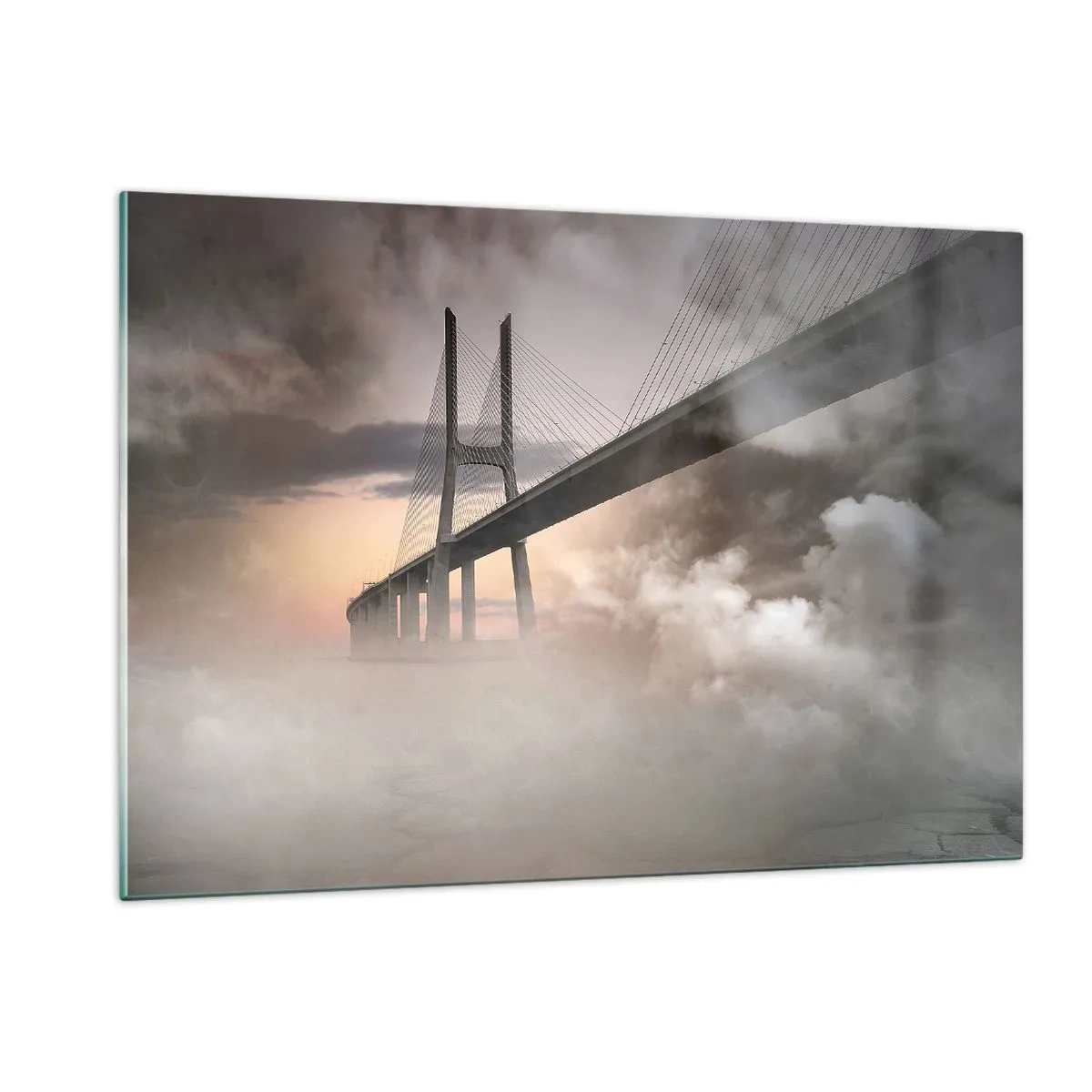 Cuadro sobre vidrio - Impresiones sobre Vidrio - Un puente en la niebla con un cielo dramático y perspectiva de profundidad. - 120x80cm - Junto al río que no existe - Decoración de pared moderna para salón y dormitorio ARTTOR