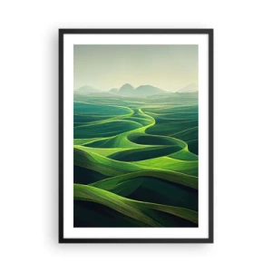 Póster en marco negro - Campos verdes ondulados con vistas a las montañas. - 50x70cm - Valles en tonos verdes - Decoración de pared moderna para salón y dormitorio ARTTOR
