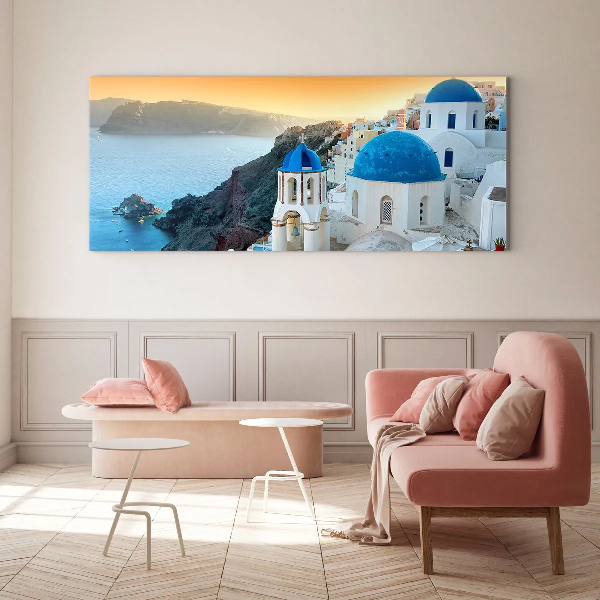 Cuadro sobre vidrio - Impresiones sobre Vidrio - Santorini - el abrazo a las rocas - 100x40 cm