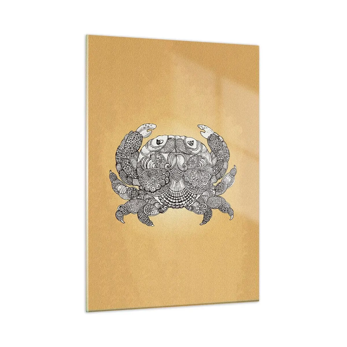 Cuadro sobre vidrio - Impresiones sobre Vidrio - Dibujo estilizado de un cangrejo con adornos sobre un fondo amarillo. - 50x70cm - Cuentos del Sr. Cangrejo - Decoración de pared moderna para salón y dormitorio ARTTOR