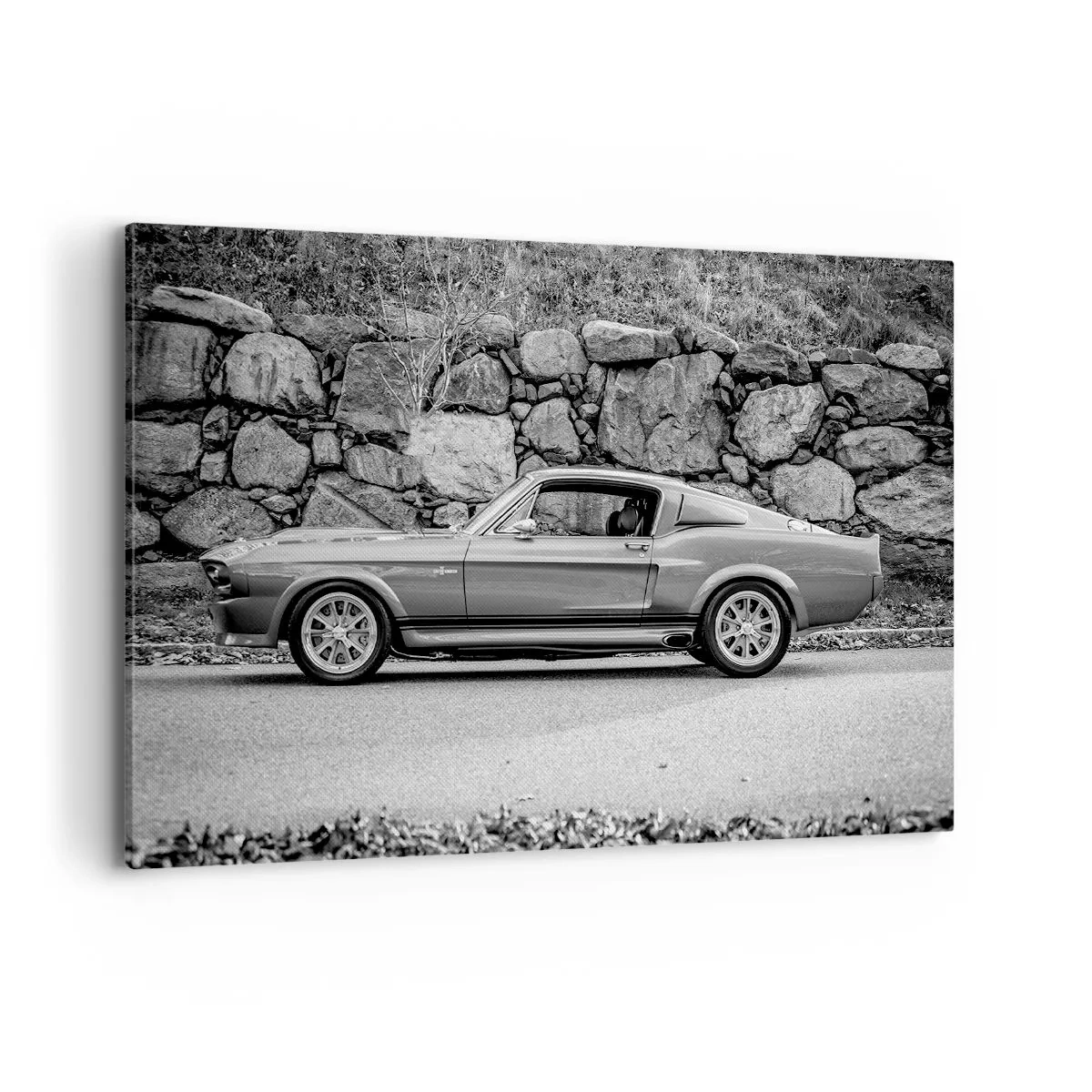 Cuadro sobre lienzo - Impresión de Imagen - Fotografía en blanco y negro de un coche clásico. - 120x80cm - Una leyenda de los años 60 - Decoración de pared moderna para salón y dormitorio ARTTOR