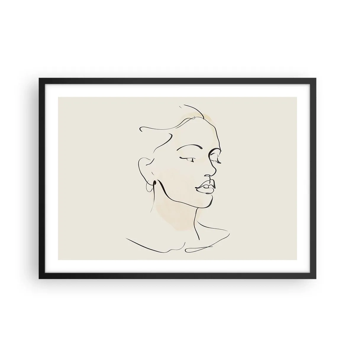 Póster en marco negro - Un delicado boceto del rostro de una mujer sobre un fondo claro. - 70x50cm - Líneas que muestran seguridad - Decoración de pared moderna para salón y dormitorio ARTTOR