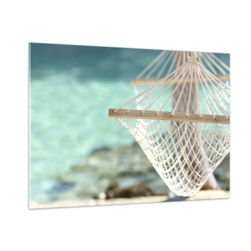 Cuadro sobre vidrio - Impresiones sobre Vidrio - Una hamaca con vistas a las cristalinas aguas turquesas. - 100x70cm - Momento de relax - Decoración de pared moderna para salón y dormitorio ARTTOR