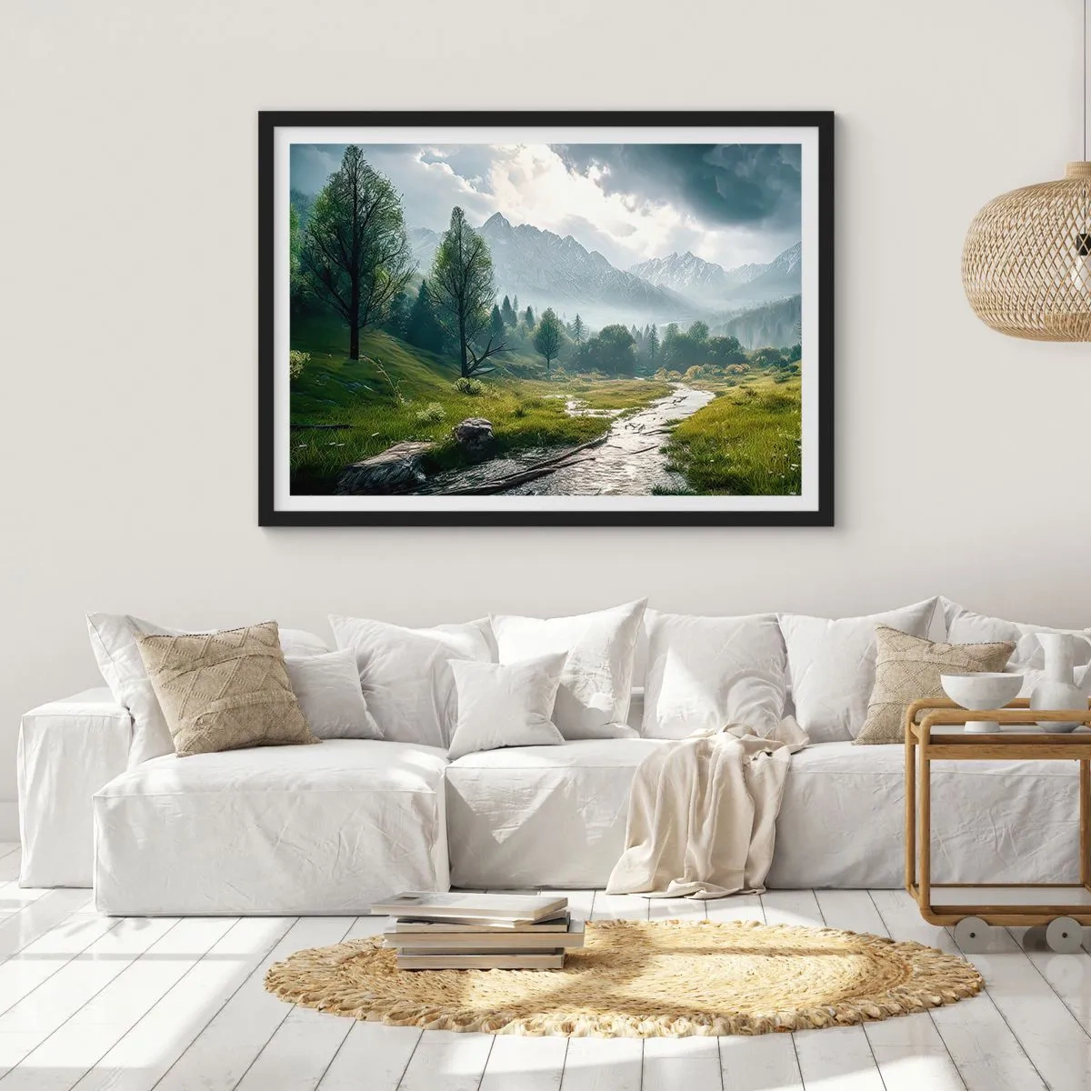Póster en marco negro - Un paisaje montañoso con un río y árboles rodeados de montañas brumosas. - 100x70cm - De ida y vuelta - Decoración de pared moderna para salón y dormitorio ARTTOR