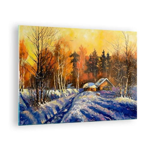 Cuadro sobre vidrio - Impresiones sobre Vidrio - Paisaje invernal con una cabaña de madera al atardecer - 70x50cm - Una impresión invernal al sol - Decoración de pared moderna para salón y dormitorio ARTTOR