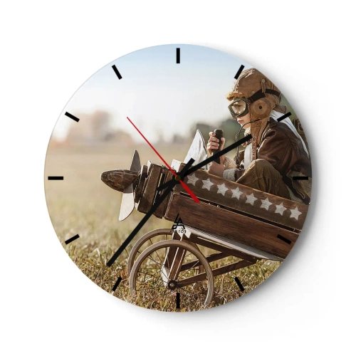 Reloj de pared - Reloj de vidrio - Un niño disfrazado de piloto en un avión de madera. - 30x30cm - Despegue hacia un sueño - Decoración de pared moderna para salón, cocina y dormitorio ARTTOR