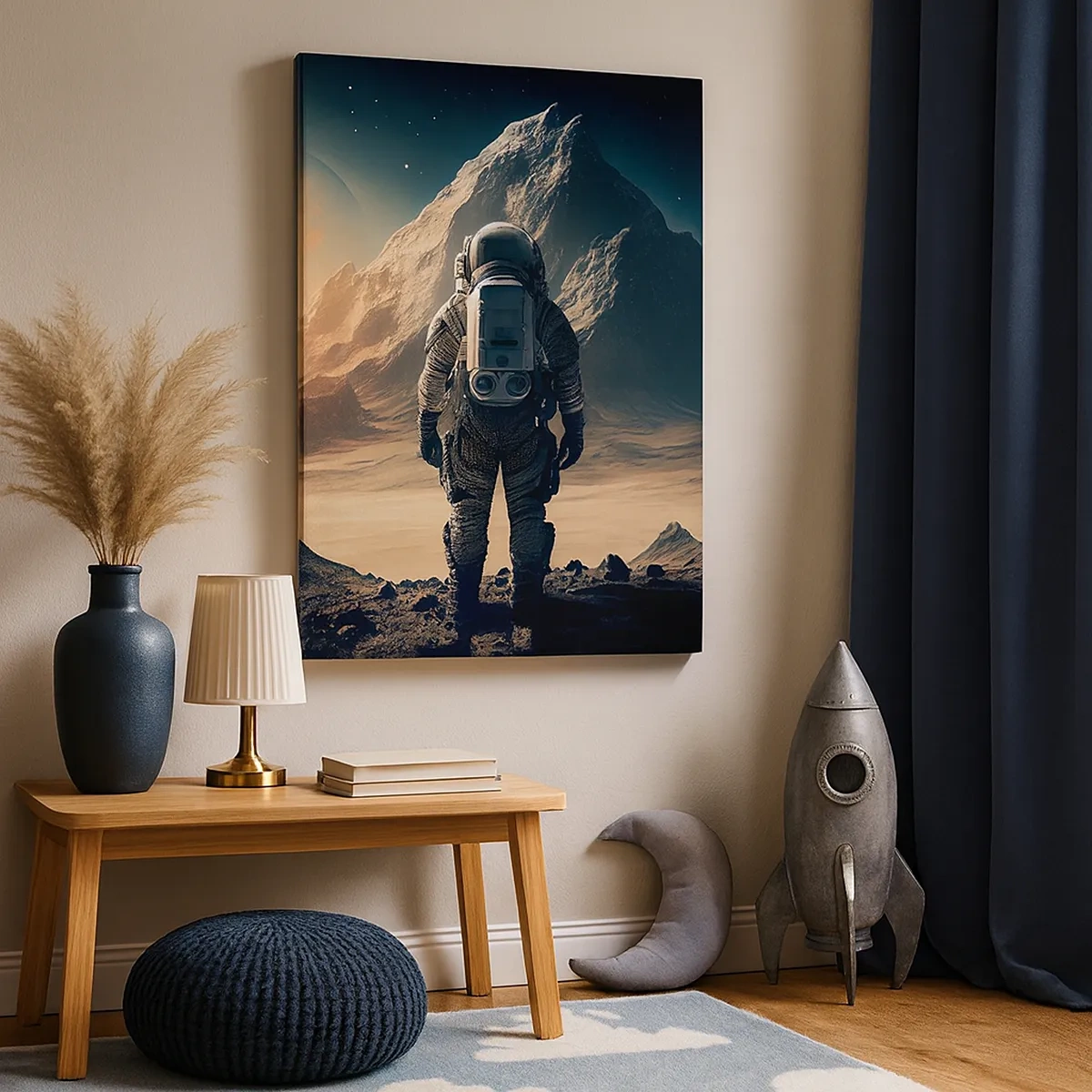 Cuadro sobre lienzo - Impresión de Imagen - Astronauta con el telón de fondo de majestuosas montañas - 50x70cm - Un nuevo reto - Decoración de pared moderna para salón y dormitorio ARTTOR