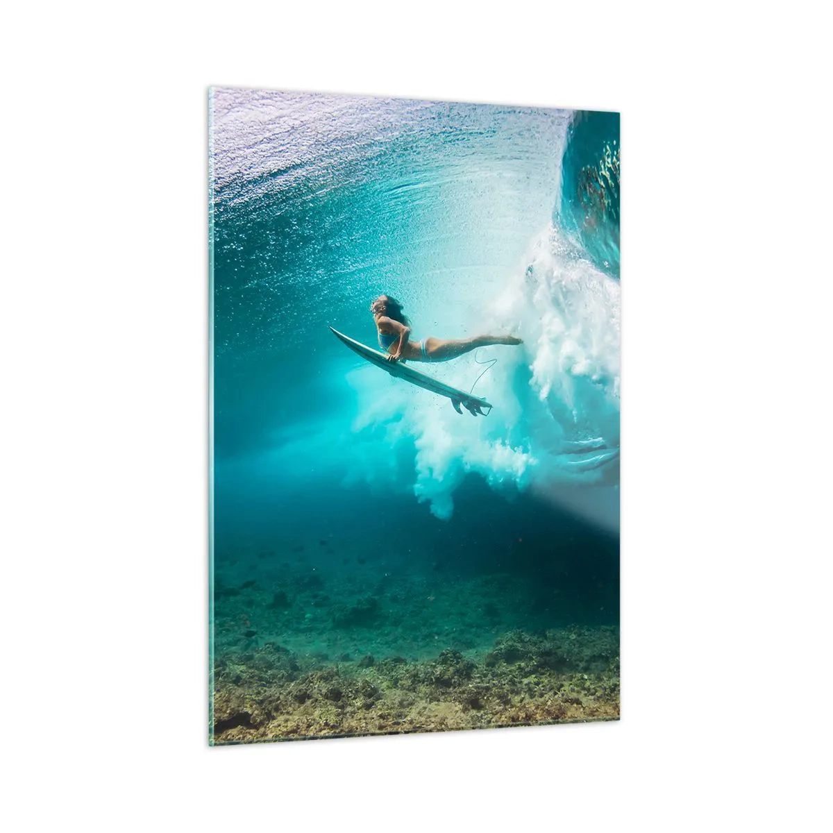 Cuadro sobre vidrio - Impresiones sobre Vidrio - Surfista bajo el agua entre las olas con una tabla de surf - 50x70cm - Mundo submarino - Decoración de pared moderna para salón y dormitorio ARTTOR