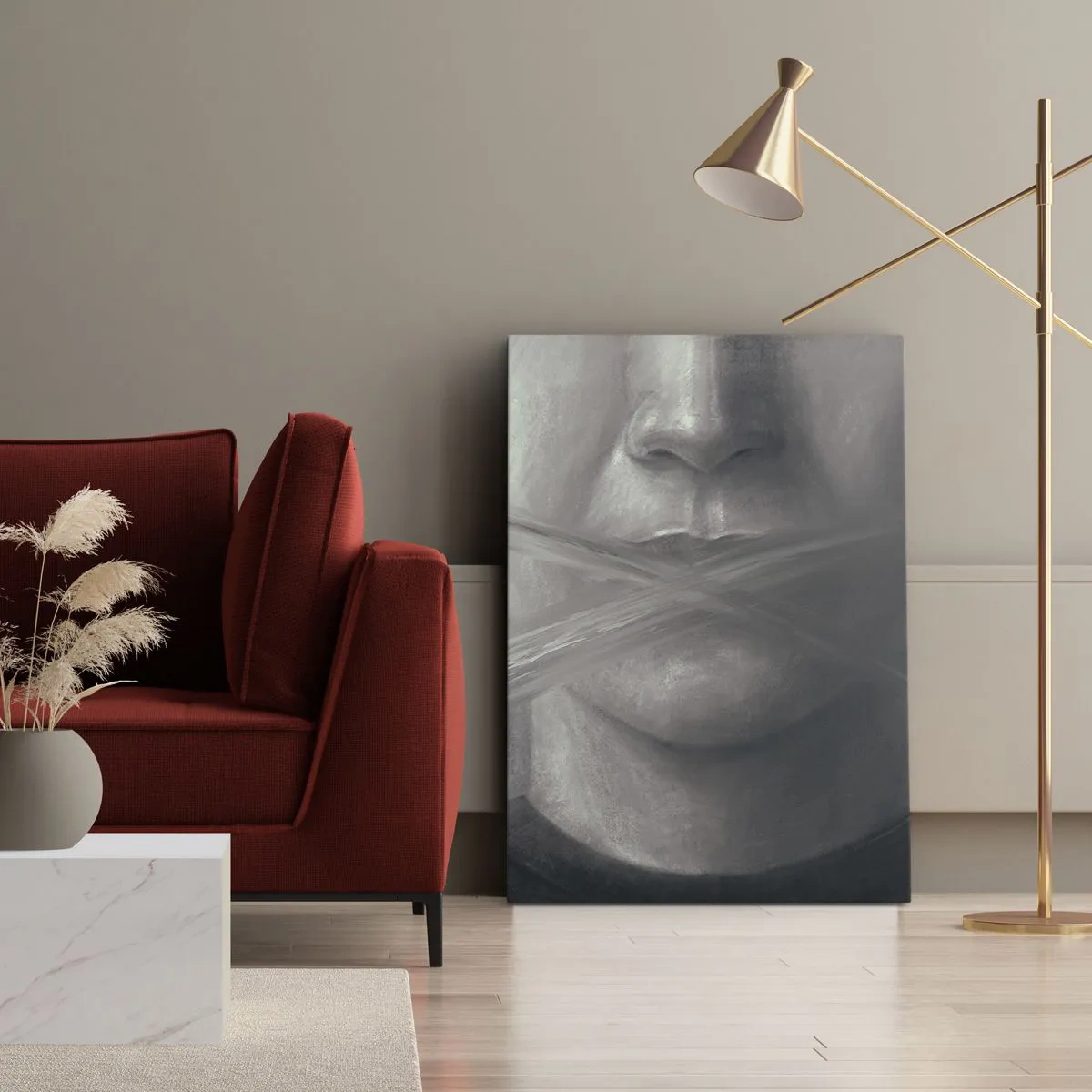 Cuadro sobre lienzo - Impresión de Imagen - Un retrato simbólico con labios difuminados en tonos grises. - 50x70cm - Ni una palabra - Decoración de pared moderna para salón y dormitorio ARTTOR