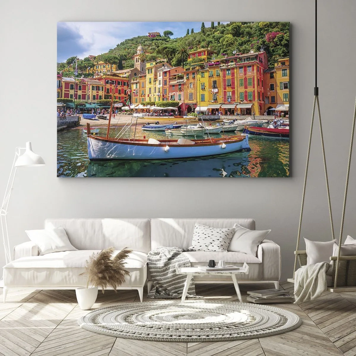 Cuadro sobre lienzo - Impresión de Imagen - Casas y barcos coloridos en una ciudad costera italiana - 120x80cm - Mañanas italianas - Decoración de pared moderna para salón y dormitorio ARTTOR