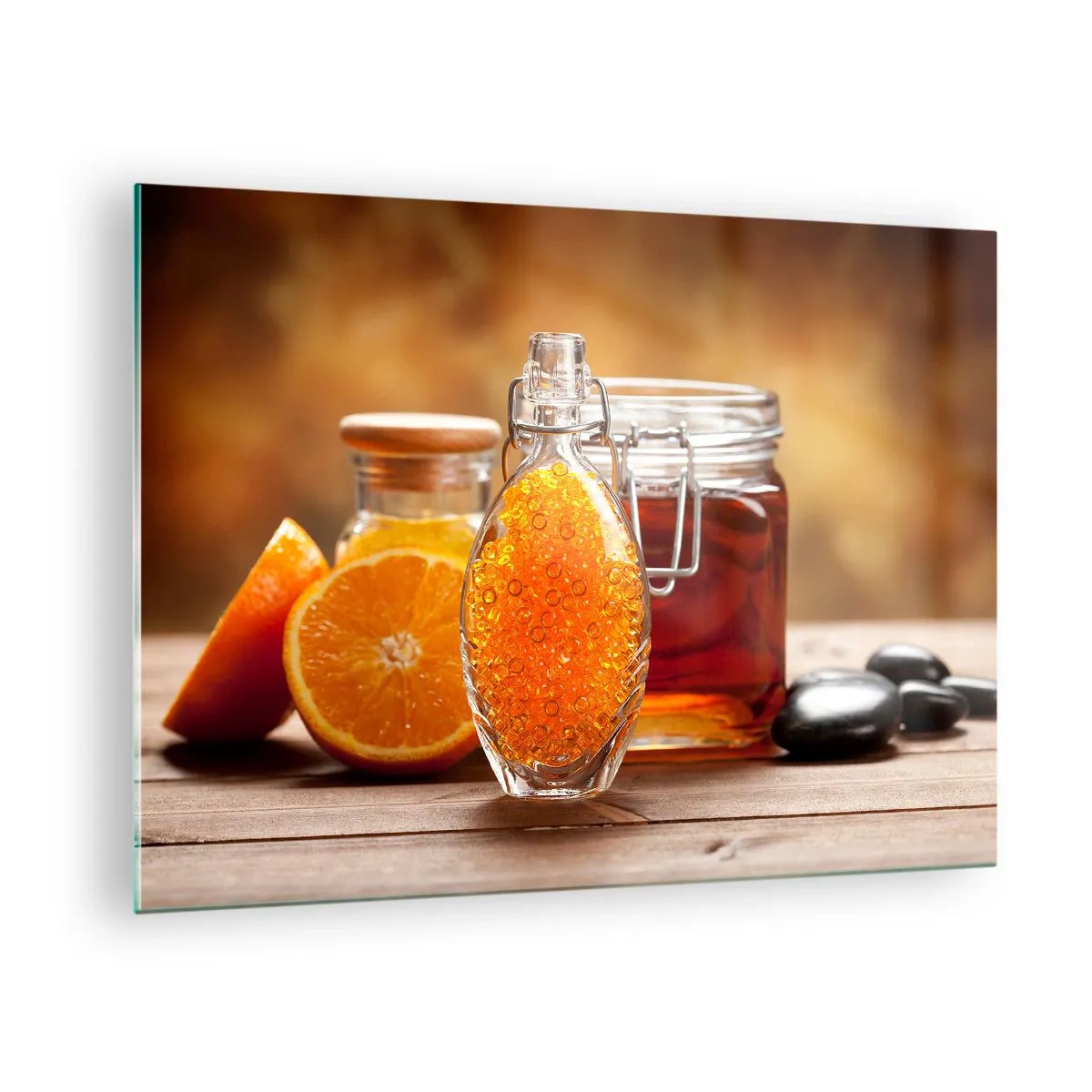 Cuadro sobre vidrio - Impresiones sobre Vidrio - Una botella de aceite y una naranja sobre una mesa de madera. - 70x50cm - Sabores y aromas soleados - Decoración de pared moderna para salón y dormitorio ARTTOR