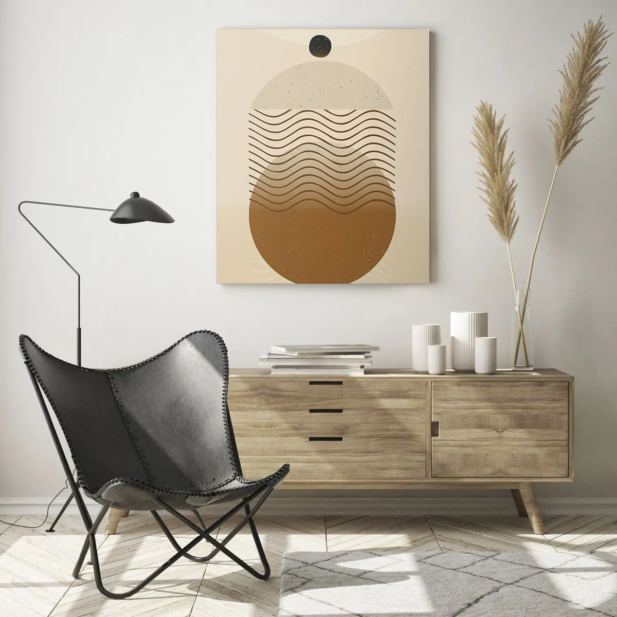 Cuadro sobre vidrio - Impresiones sobre Vidrio - Abstracción geométrica con círculos y líneas onduladas en colores cálidos. - 70x100cm - Sobre el origen de las figuras geométricas - Decoración de pared moderna para salón y dormitorio ARTTOR