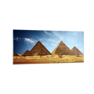 Cuadro sobre vidrio - Impresiones sobre Vidrio - Las pirámides de Giza contra un cielo azul y un paisaje desértico. - 120x50cm - 40 siglos te observan - Decoración de pared moderna para salón y dormitorio ARTTOR