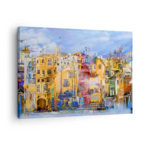 Cuadro sobre lienzo - Impresión de Imagen - Edificios urbanos coloridos de estilo artístico - 70x50cm - Estamos juntos - Decoración de pared moderna para salón y dormitorio ARTTOR