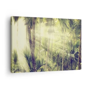 Cuadro sobre lienzo - Impresión de Imagen - Rayos de sol en un bosque tropical de palmeras - 70x50cm - En el cálido verde - Decoración de pared moderna para salón y dormitorio ARTTOR