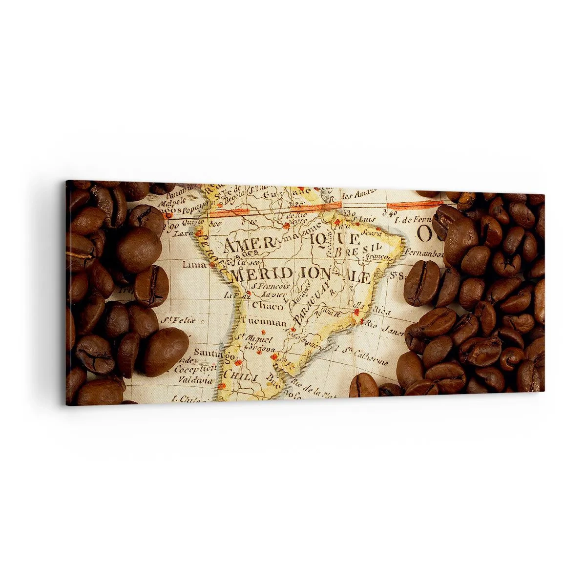 Cuadro sobre lienzo - Impresión de Imagen - Un mapa de Sudamérica rodeado de granos de café. - 120x50cm - ¿De dónde viene el mejor café? - Decoración de pared moderna para salón y dormitorio ARTTOR