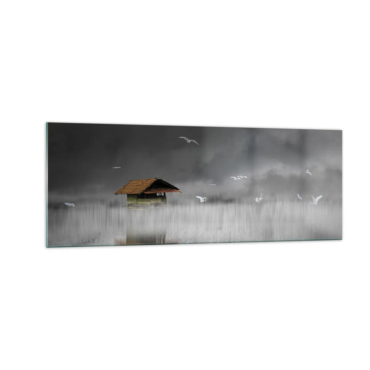 Cuadro sobre vidrio - Impresiones sobre Vidrio - Una cabaña solitaria sobre el agua rodeada de niebla y pájaros. - 140x50cm - Resguardo de la lluvia - Decoración de pared moderna para salón y dormitorio ARTTOR