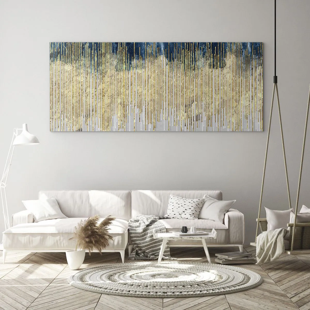 Cuadro sobre vidrio - Impresiones sobre Vidrio - Líneas doradas sobre un fondo de abstracción azul marino y gris. - 160x50cm - Frontera de líneas doradas - Decoración de pared moderna para salón y dormitorio ARTTOR
