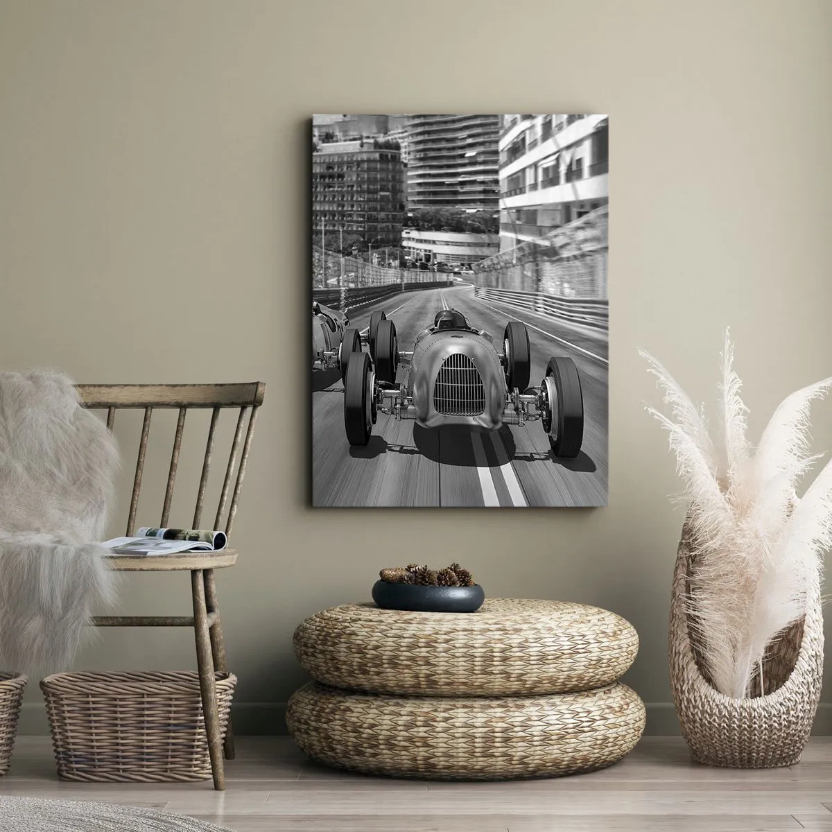 Cuadro sobre lienzo - Impresión de Imagen - Escena de carrera de coches retro monocromática - 80x120cm - Érase una vez en Montecarlo - Decoración de pared moderna para salón y dormitorio ARTTOR