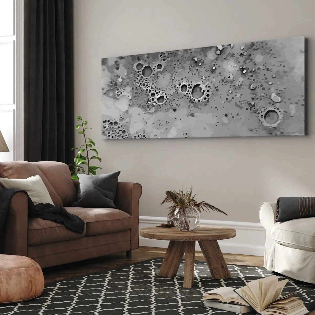 Cuadro sobre lienzo - Impresión de Imagen - Patrón abstracto de burbujas en blanco y negro - 160x50cm - Como un paisaje lunar - Decoración de pared moderna para salón y dormitorio ARTTOR