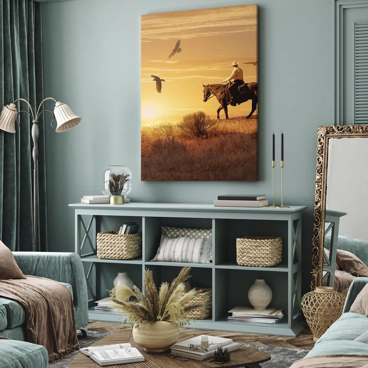 Cuadro sobre lienzo - Impresión de Imagen - Un jinete a caballo al atardecer contra la pradera. - 50x70cm - Solo a través de la pradera - Decoración de pared moderna para salón y dormitorio ARTTOR