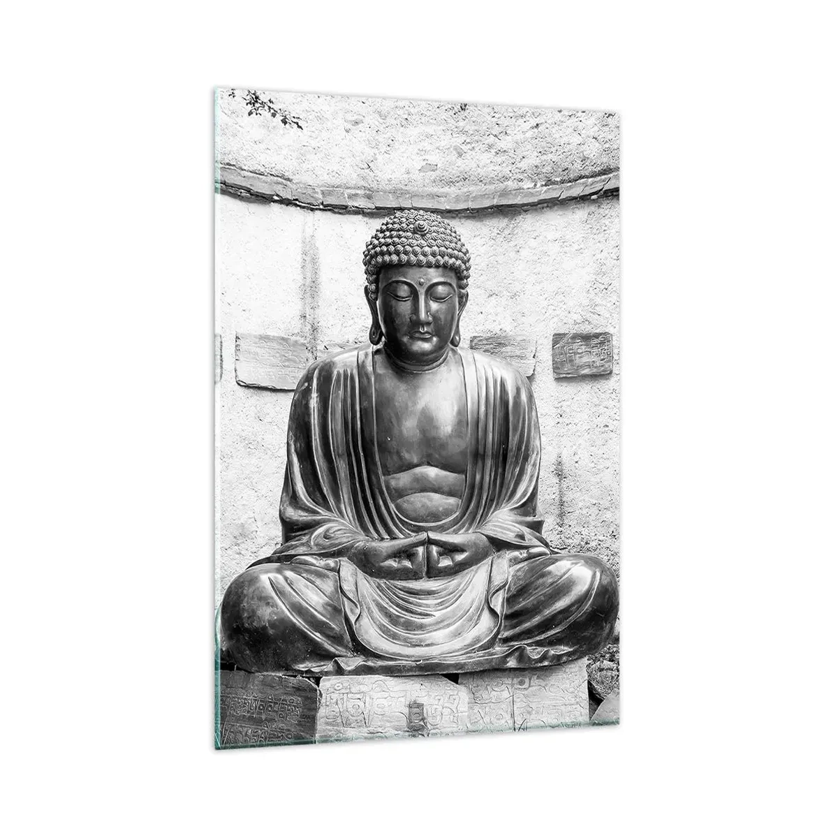 Cuadro sobre vidrio - Impresiones sobre Vidrio - Estatua de Buda en blanco y negro en pose meditativa. - 80x120cm - En la fuente de la paz - Decoración de pared moderna para salón y dormitorio ARTTOR