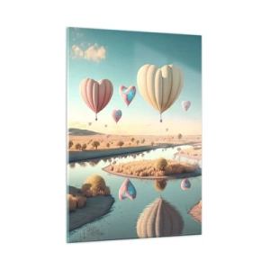 Cuadro sobre vidrio - Impresiones sobre Vidrio - Globos en forma de corazón sobre un paisaje de cuento de hadas con un río. - 50x70cm - El amor te hace volar - Decoración de pared moderna para salón y dormitorio ARTTOR