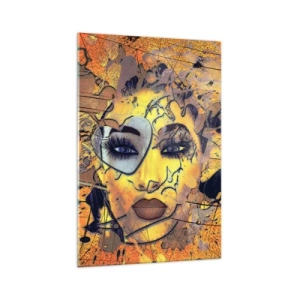 Cuadro sobre vidrio - Impresiones sobre Vidrio - Retrato abstracto de una mujer en tonos amarillo dorado. - 70x100cm - La belleza del sol - Decoración de pared moderna para salón y dormitorio ARTTOR