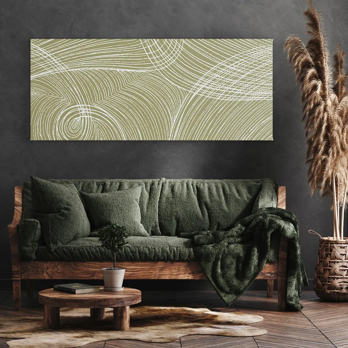 Cuadro sobre lienzo - Impresión de Imagen - Líneas verdes y blancas en una composición abstracta. - 120x50cm - Abstracción intrincada en blanco - Decoración de pared moderna para salón y dormitorio ARTTOR