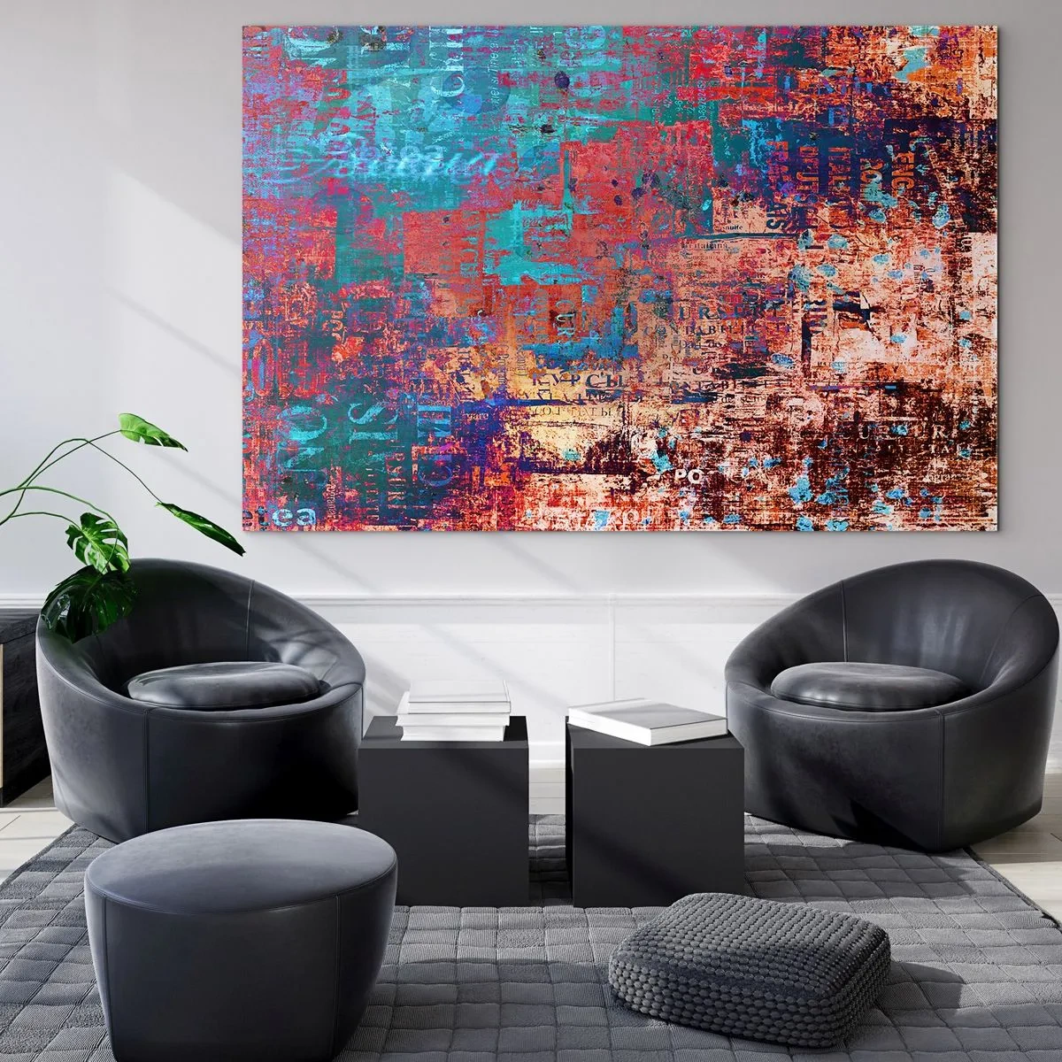 Cuadro sobre vidrio - Impresiones sobre Vidrio - Composición abstracta en tonos azules y rojos. - 70x50cm - Memoria y olvido - Decoración de pared moderna para salón y dormitorio ARTTOR