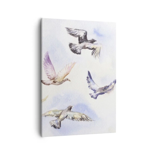 Cuadro sobre lienzo - Impresión de Imagen - Pájaros de acuarela en vuelo contra un cielo delicado. - 50x70cm - Libertad en gris y azul - Decoración de pared moderna para salón y dormitorio ARTTOR