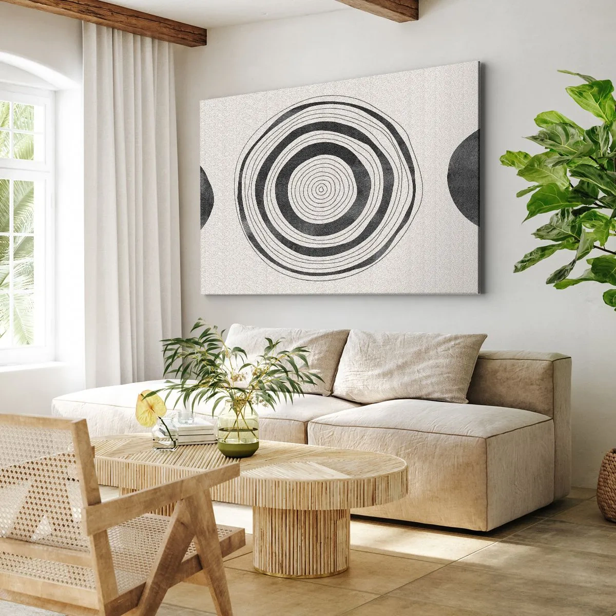 Cuadro sobre lienzo - Impresión de Imagen - Círculos minimalistas en blanco y negro sobre un fondo claro. - 120x80cm - Lo importante es lo que hay entre medias - Decoración de pared moderna para salón y dormitorio ARTTOR