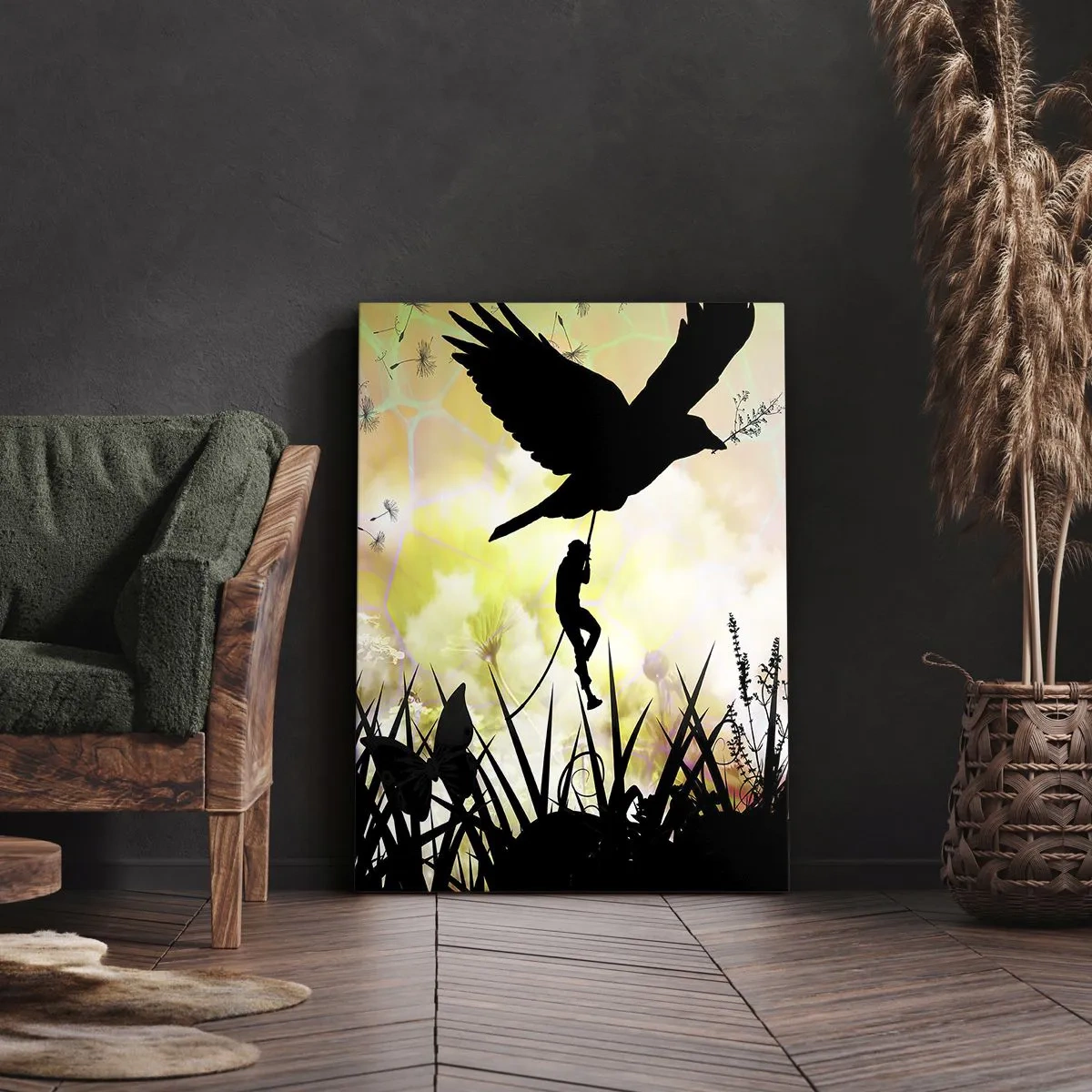 Cuadro sobre lienzo - Impresión de Imagen - Silueta de naturaleza con un pájaro y un diente de león. - 50x70cm - En un ambiente de cuento de hadas - Decoración de pared moderna para salón y dormitorio ARTTOR