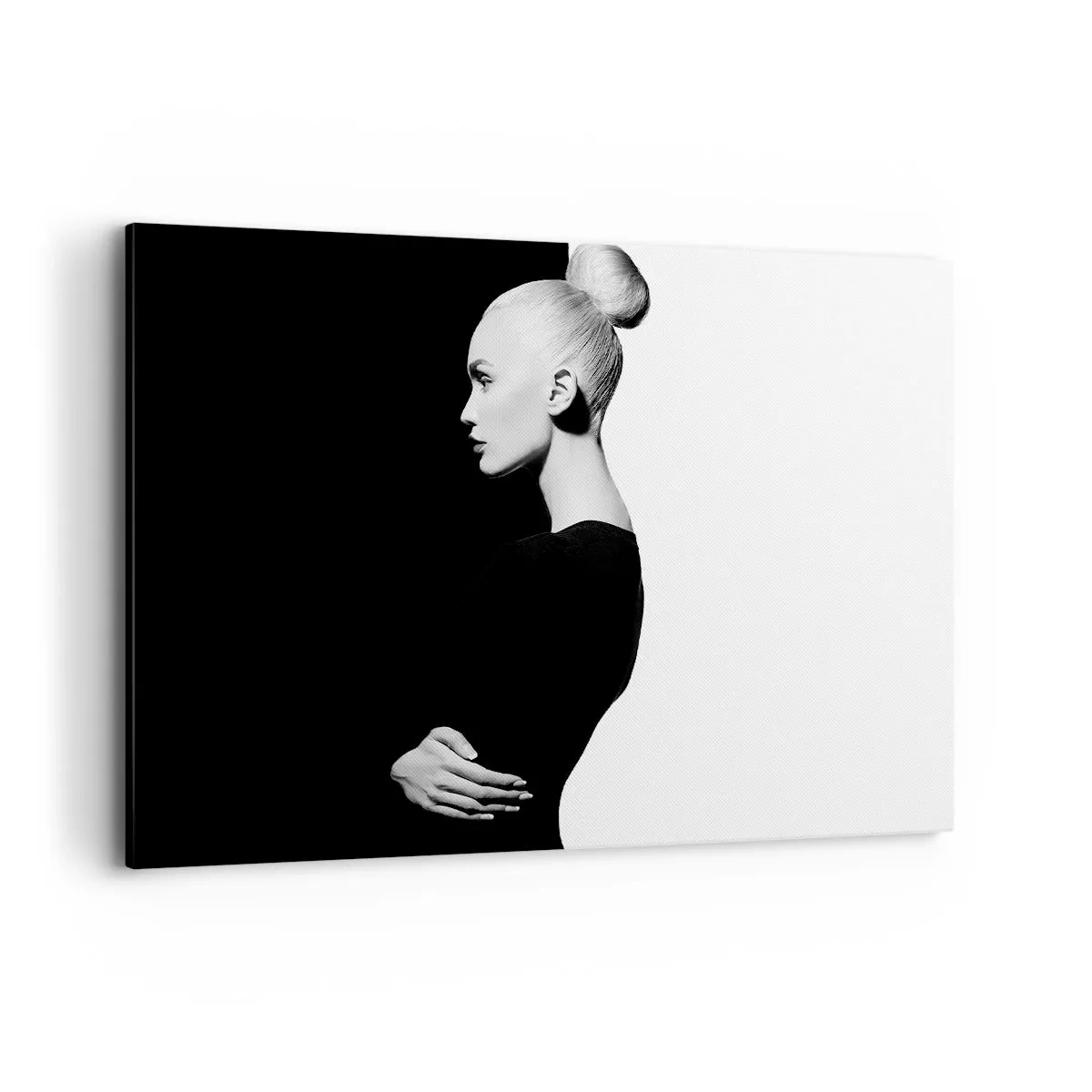 Cuadro sobre lienzo - Impresión de Imagen - Retrato elegante de una mujer sobre un fondo blanco y negro. - 120x80cm - Simplemente femenina - Decoración de pared moderna para salón y dormitorio ARTTOR