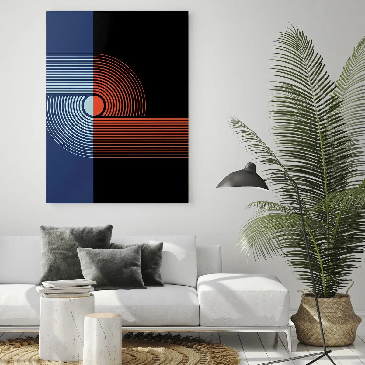 Cuadro sobre vidrio - Impresiones sobre Vidrio - Abstracción geométrica con líneas en azul marino y naranja. - 80x120cm - En un abrazo geométrico - Decoración de pared moderna para salón y dormitorio ARTTOR