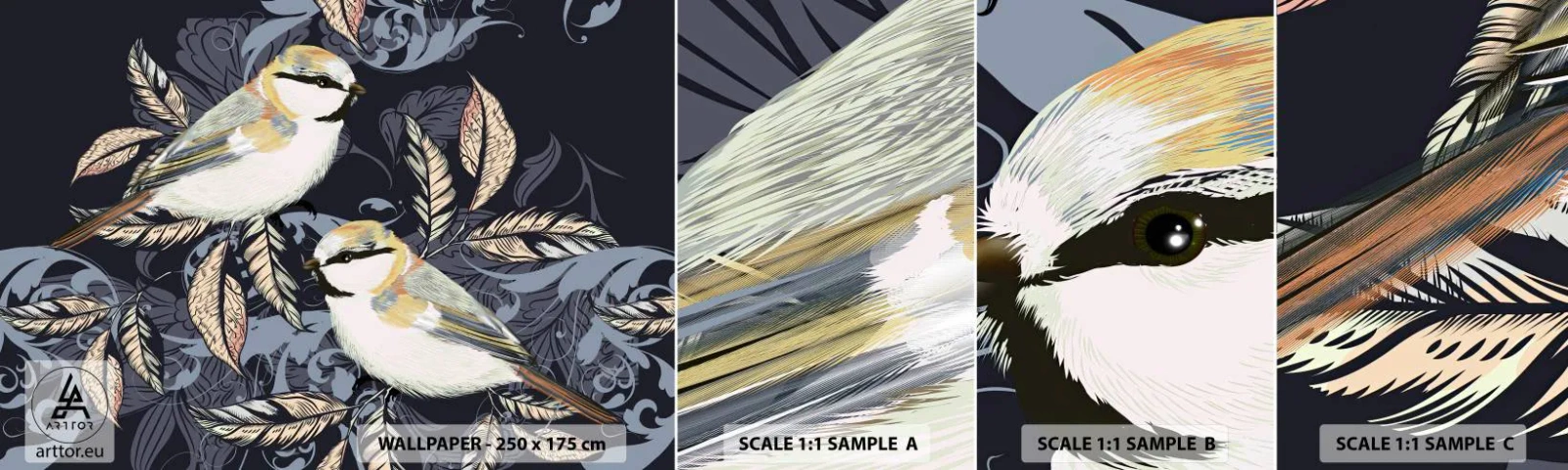 Muestra de fotomural autoadhesivo Deluxe Sticker - En la copa del árbol - Abstracción, Aves, Hojas - 100x30 cm