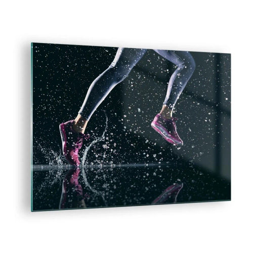 Cuadro sobre vidrio - Impresiones sobre Vidrio - Corriendo por el agua con zapatillas deportivas sobre un fondo oscuro - 70x50cm - Fuerza de impulso - Decoración de pared moderna para salón y dormitorio ARTTOR